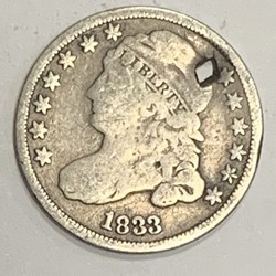 USA: 1833 Capped Bust dime, holed