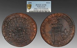 Netherlands: 1596 copper jeton; 80 Years War, beheading scene, Dordrecht mint