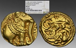 India (Western Gangas of Talakad): ca. 1100-1327 gold Gajapati pagoda, elephant facing right