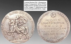 United States (Champion Paper Co.): 1942 silver WW2 deployment medal presented to Logan Robertson