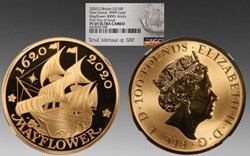 Great Britain: 2020 gold 100-pounds, Mayflower 400th Anniversary commemorative, first day of issue
