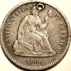 USA: 1860 Seated Liberty half dime, holed