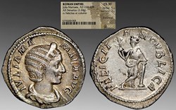 Roman Empire: silver denarius of Julia Mamaea, mother of Severus Alexander, struck ca. 222-235 AD