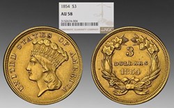 United States: 1854 gold 3 dollar piece, Indian Princess