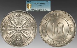 Peru: 1879 copper-nickel 10-centavos; provisional coinage
