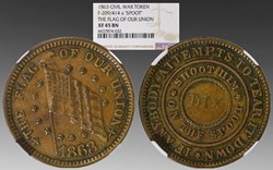 United States: bronze patriotic Civil War token: "The Flag of Our Union", 1863 (with "SPOOT" error)