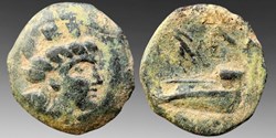 Phoenicia (Arados): bronze Æ17, ca. 242-166 BC; turreted head of Tyche / Athena on ship's prow
