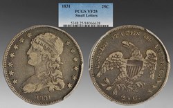 United States: silver Capped Bust quarter, small size, 1831 small letters variety