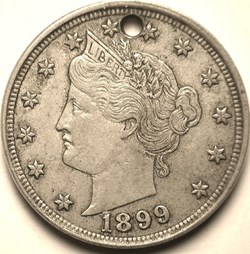 USA: 1899 Liberty nickel, holed