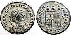 Roman Empire: ca. 318-320 AD bronze Æ17 of Licinius II, camp gate, Heraclea mint