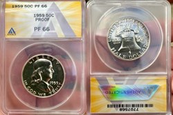 United States: 1959 silver proof Franklin half dollar, Type 2 reverse (ANACS PF66)