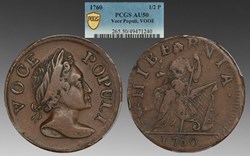 United States (British Colonial): 1760 copper Voce Populi halfpenny, "VOOE" variety