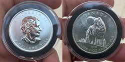Canada: 2011 silver 5-dollars of Elizabeth II, Timber Wolf bullion coin (1 ounce, .9999 fine)
