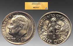 United States: copper-nickel clad Roosevelt dime, 2004-D, broadstruck error