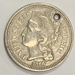 USA: 1866 nickel 3-cent piece, holed