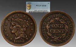 United States: 1853 copper Braided Hair large cent