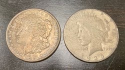 (2 coins) United States: pair of silver dollars (1921-S Morgan type and 1935 Peace type)