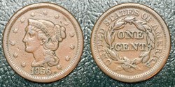 United States: 1856 copper Braided Hair large cent, slanted 5 variety
