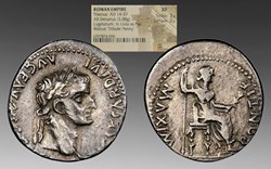 Roman Empire: ca. 14-37 AD silver denarius of Tiberius (the biblical "Tribute Penny")