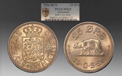 Greenland: 1926 (h) HCN GJ copper-nickel 25-øre, Copenhagen mint