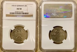 (West) Germany: 1951-D copper-nickel 2-Deutsche Mark (NGC AU58)