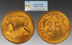 Belgian Congo: 1947 brass 2-francs