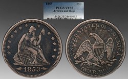 United States: 1853 silver Seated Liberty quarter, "Arrows & Rays" type