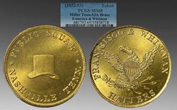 United States (Nashville, TN): ca. 1852-1853 brass merchant token, Francisco & Whitman, Hatters