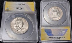 United States: 1958-D silver Franklin half dollar (ANACS MS64 FBL)