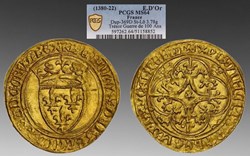 France: ca. 1380-1422 gold Ecu d'or of Charles VI, from the Lucerne Abbey Treasure (100 Years' War)