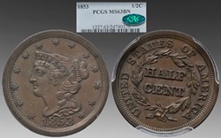 United States: 1853 copper Braided Hair half cent