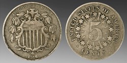 United States: copper-nickel Shield nickel, "with rays" type, 1866/1866 repunched date