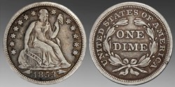 United States: silver Seated Liberty dime, 1853, arrows at date