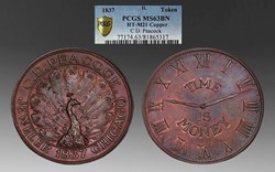United States: "1837" copper Hard Times token; C.D. Peacock Jeweler, Chicago, struck ca. 1902