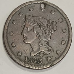 UsA: 1843 Braided Hair large cent, holed