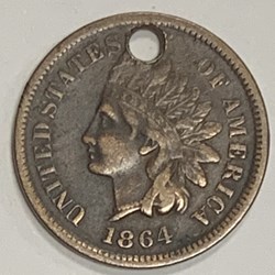 USA 1864-L Indian cent, holed