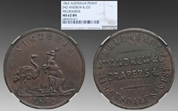 Australia (Melbourne): copper penny trade token; John Andrew & Co., Drapers, 1862