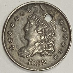 USA: 1832 Capped Bust half dime, holed