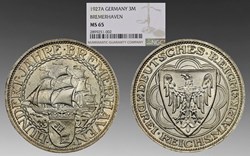 Germany (Weimar Republic): 1927-A silver 3-reichsmark, Bremerhaven commemorative