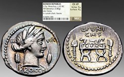Roman Republic: ca. 63 BC silver denarius of L. Furius Brocchus