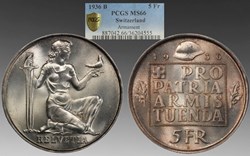 Switzerland: silver 5 francs, Armament commemorative, 1936-B