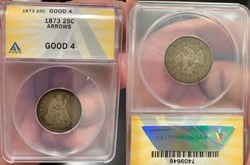 United States: 1873 silver Seated Liberty quarter, arrows at date, Open 3 variety (ANACS G4)