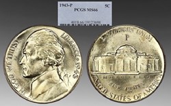 United States: silver Jefferson 5-cents, Wartime composition, 1943-P
