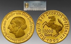 Germany (Westphalia): 1923 gilt bronze hyperinflationary 10,000-mark notgeld token