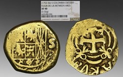 Colombia (Spanish Colonial) ca. 1753-56 gold "cob" type escudo of Ferdinand VI, "S" assayer mark