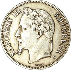 5 francs, tête laurée, Napoléon III, 1868, Paris