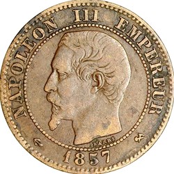 Deux centimes, tête nue, Napoléon III, 1857, Rouen