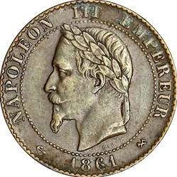 Deux centimes, tête laurée, buste provisoire, Napoléon III, 1861, Bordeaux