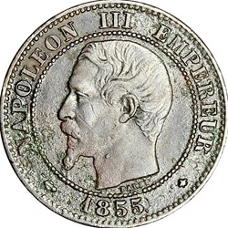 Deux centimes, tête nue, Napoléon III, 1855, ancre, Strasbourg