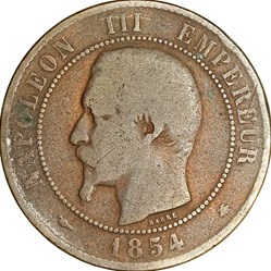 Dix centimes, tête nue, Napoléon III, 1854, petite abeille, Strasbourg